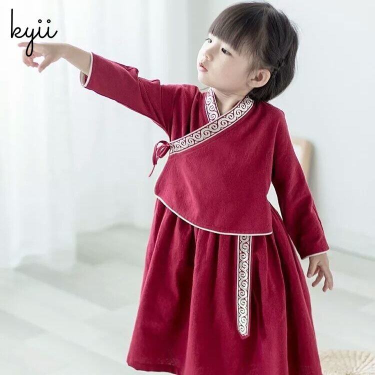 KYII Kids Girls V-Neck Dress Casual Loose Long Sleeve Dress kyii0086